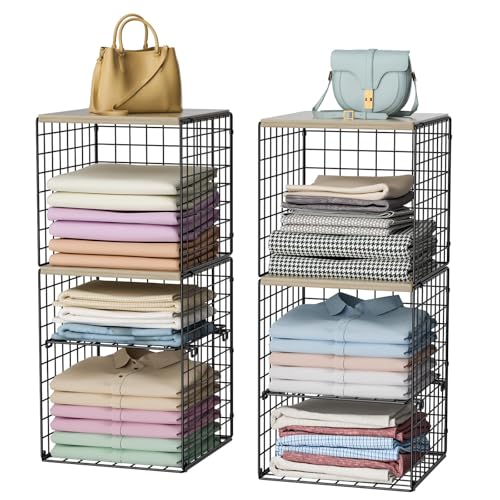 Hencawima 2 Pack Closet Organizer System, Extra Tall & Large Capacity Closet Shelves with Adjustable Dividers, 3-Tier Stackable Storage Bins with Wood Top (Up to 6 Tiers), for Clothes Wardrobe Organization - Image 1