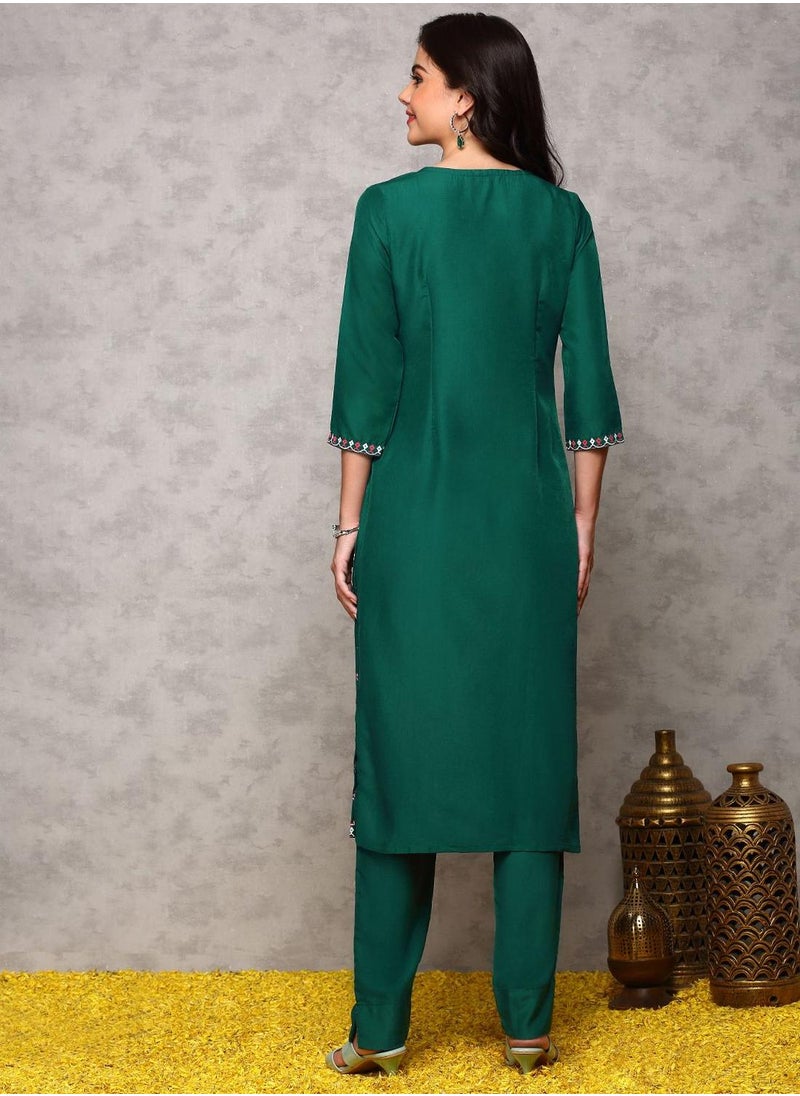 Regular Fit Three-Quarter Sleeve Printed Green Chiffon Woven Kurta Set For Women Flat Collar Perfect For Wedding And Engagement Pull On Closure - pzsku/ZD466860D090996920FADZ/45/1741088008/fcccfe5c-2328-4008-90fe-3a972b797046