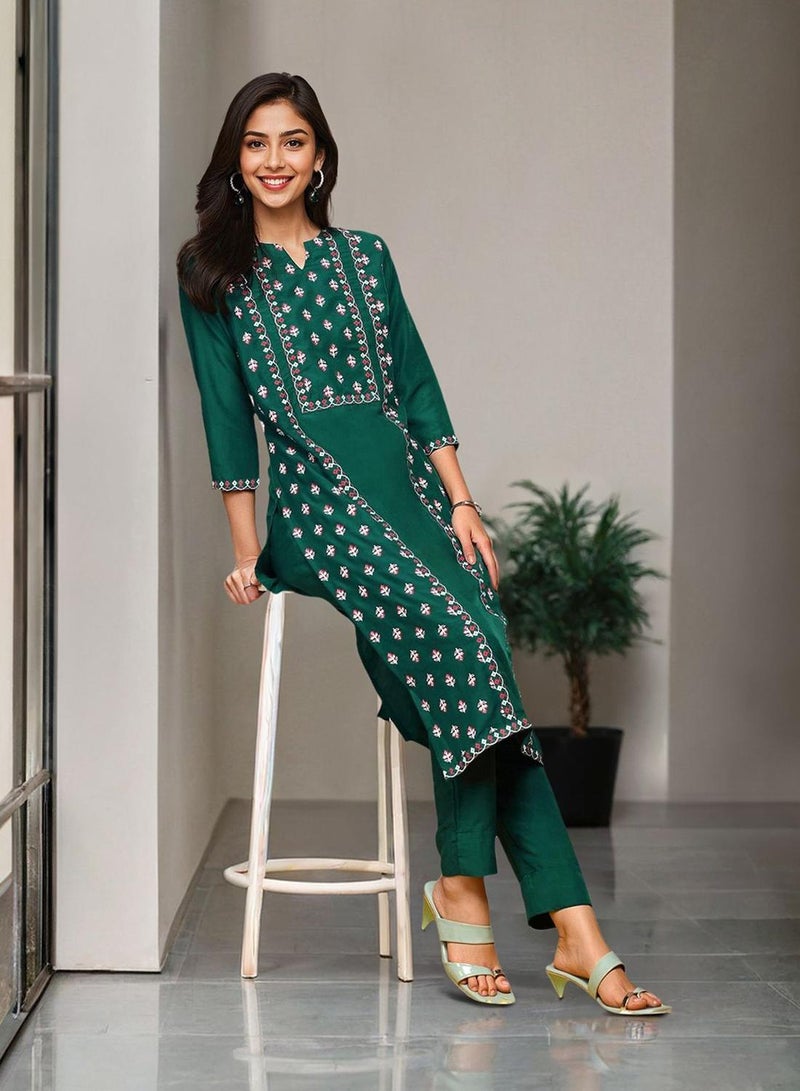 ISHIN Women's Green Chiffon Printed Tunic Full Length Casual Regular Fit Kurta Set  - Image 1