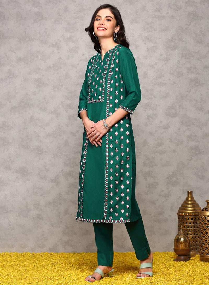 ISHIN Women's Green Chiffon Printed Tunic Full Length Casual Regular Fit Kurta Set - Image 5