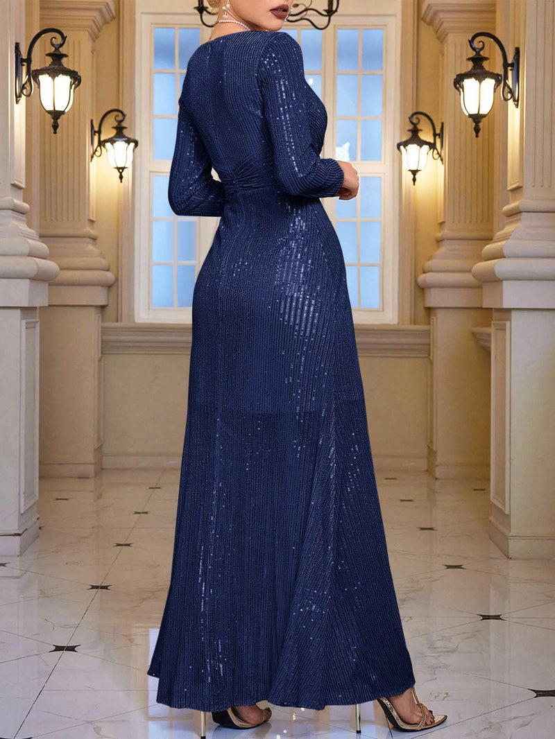 meilun Navy Long Sleeve Sequin Dress for Women Formal Evening Gowns Sparkly V Neck Maxi Dress for Wedding Guest,S - Image 5