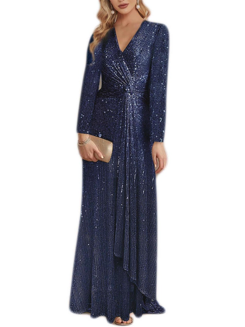 meilun Navy Long Sleeve Sequin Dress for Women Formal Evening Gowns Sparkly V Neck Maxi Dress for Wedding Guest,S - Image 1