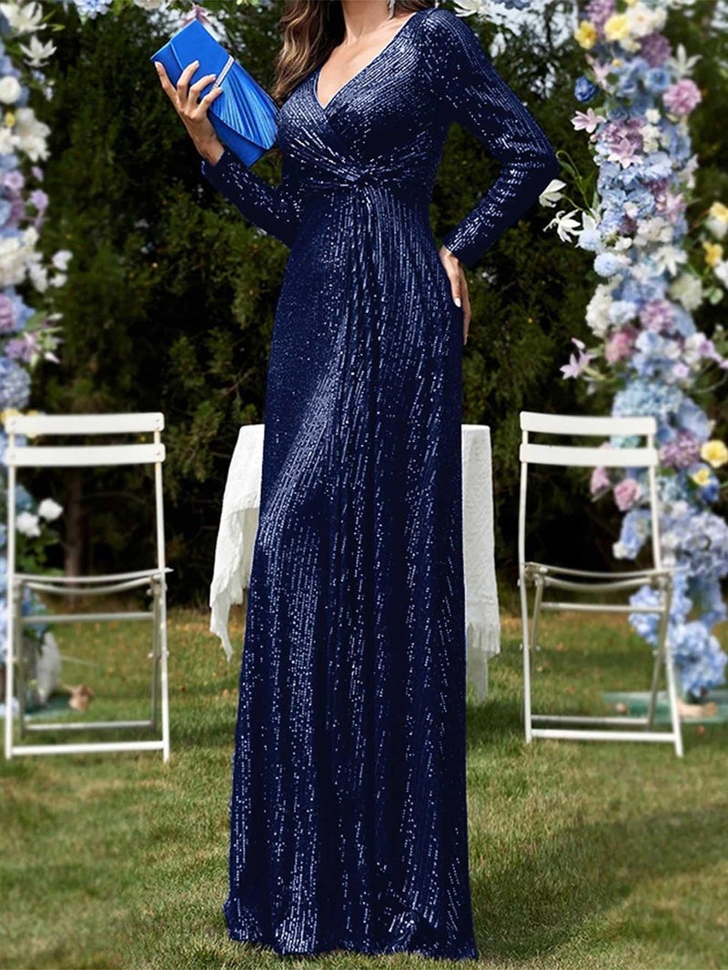 meilun Navy Long Sleeve Sequin Dress for Women Formal Evening Gowns Sparkly V Neck Maxi Dress for Wedding Guest,S - Image 4