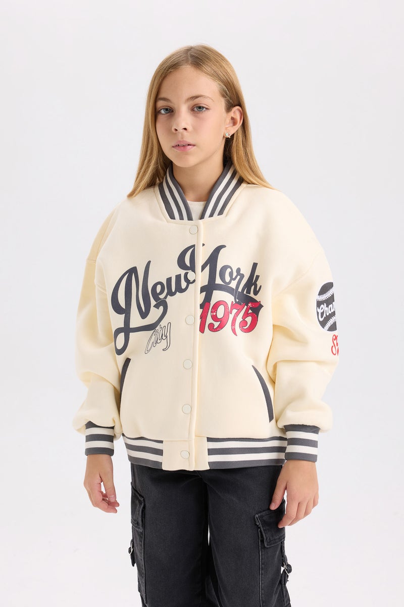 DeFacto Girl Slogan Printed Thick Fabric Soft Fuzzy Inside Bomber Jacket - Image 4