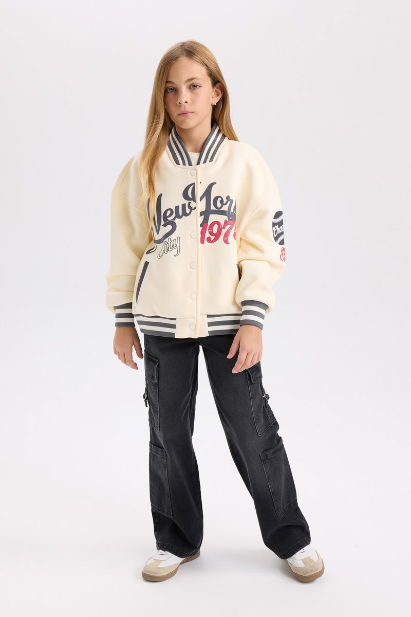 DeFacto Beige Girl Girl Slogan Printed Thick Fabric Soft Fuzzy Inside Bomber Jacket Casual - Image 2