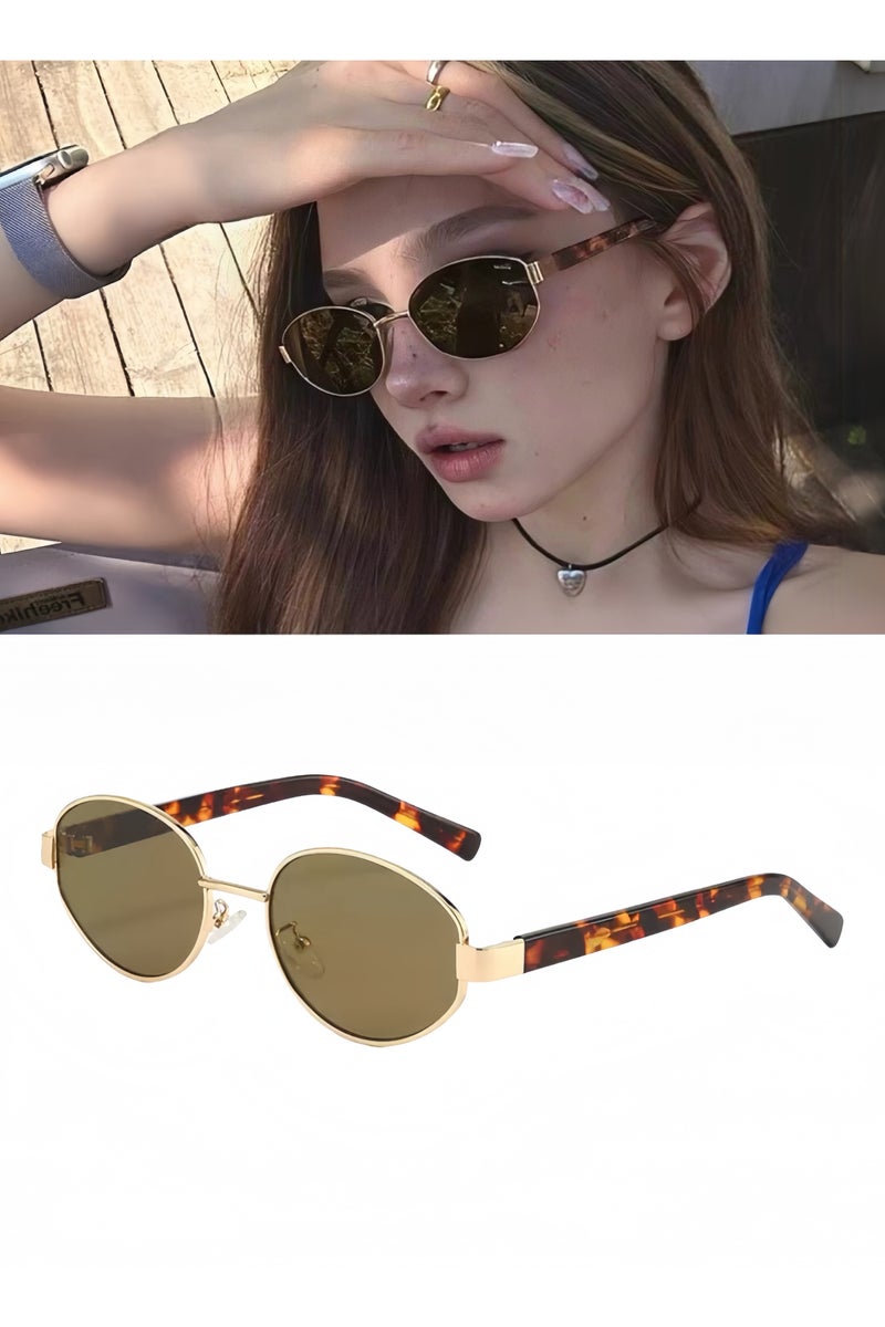 Hiras Unisex Oval Shape Metal Frame Sunglasses Leopard Print Sunglasses UV Protected - Image 1