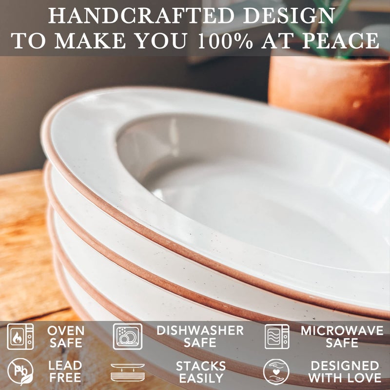 MORA Ceramic Wide Rimmed Soup Bowl 25oz, Set of 4 - For Pasta, Italian, Spaghetti, Dipping Bread, Fancy Dinner etc. Large Plate/Bowls Hybrid For Everyday & Restaurant Use, Large Flat Rim - Vanilla - Image 4