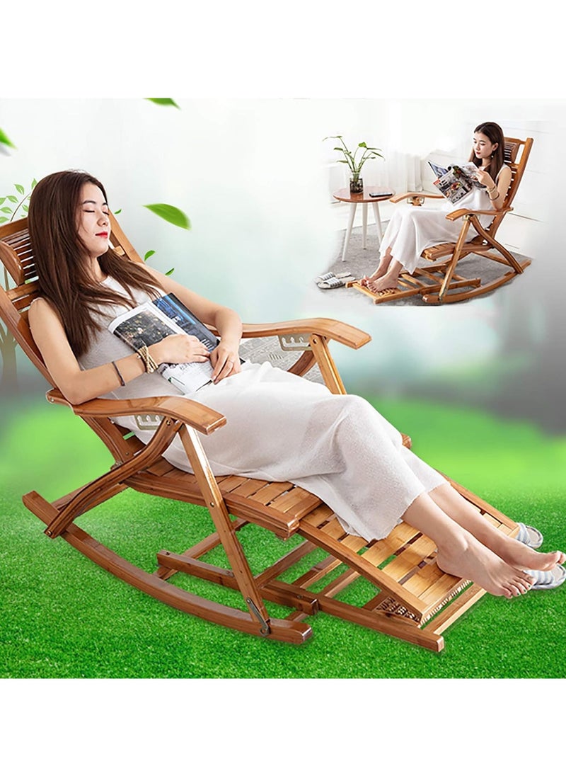CityRiya-Long - Rocking Chair Foldable Reclining Lounge Chair Outdoor Relaxing Chair Modern Bamboo Leisure Recliner Chair Comfortable Sun Loungers Side Chair with Armrest for Patio Balcony Pool Garden - Image 1