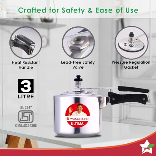 Wonderchef Inner Lid Ultima Pressure Cooker | 3 litres, 3.25 mm Heavy Encapsulated Bottom | Bakelite Handles for Durability | Induction Friendly (Aluminium, Silver) - Image 3