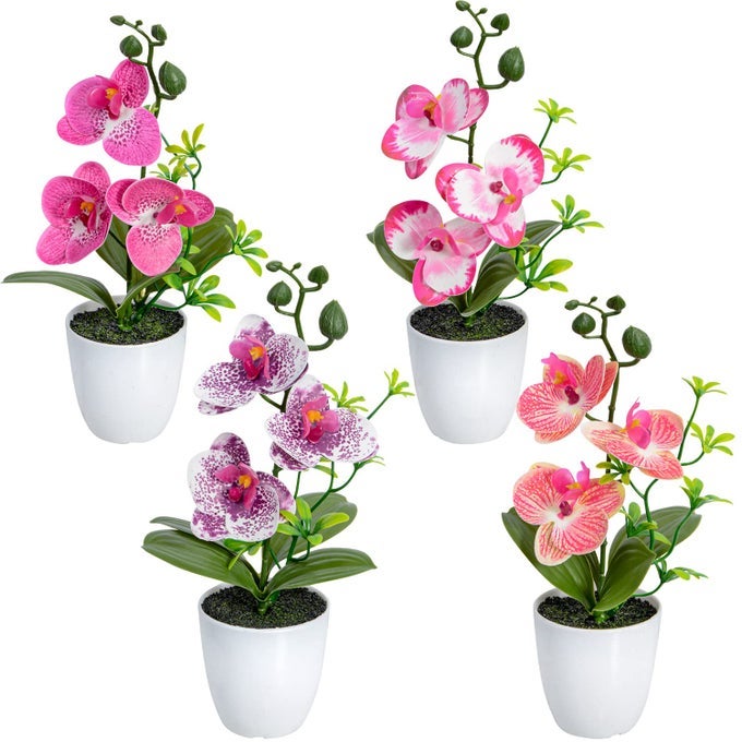 ARTIFICIAL ORCHID FLOWERS 4PCS MINI POTTED FAKE ORCHID FLOWERS WITH PLASTIC VASE FOR HOME OFFICE WEDDING TABLE DECORATIONRED PURPLE PINK ORANGE