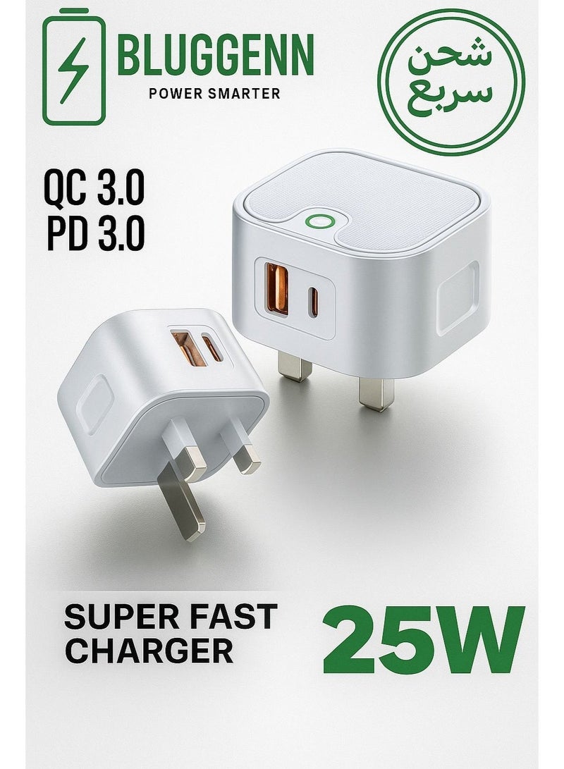 بلجن شاحن جداري سريع بقوة 25 واط  بمنفذين  USB TypeC + USB Type A Output, QC3.0/PD 3.0 /SCP يدعم تقنيات الشحن السريع PD / QC3.0 / SCP مع نظام حماية ذكي يحافظ على أجهزتك من ارتفاع الحرارة أو التيار. مصنوع من مادة PC مقاومة للحريق بتصميم أنيق باللون الأبيض. منفذان ذكيان (USB-C و USB-A) لتمكينك من شحن جهازين في نفس الوقت بكفاءة وأمان. مثالي لهواتف سامسونج، آيفون، التابلت، والأجهزة الذكية الأخرى. - Image 1