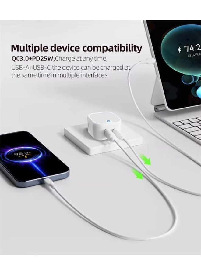 بلجن شاحن جداري سريع بقوة 25 واط  بمنفذين  USB TypeC + USB Type A Output, QC3.0/PD 3.0 /SCP يدعم تقنيات الشحن السريع PD / QC3.0 / SCP مع نظام حماية ذكي يحافظ على أجهزتك من ارتفاع الحرارة أو التيار. مصنوع من مادة PC مقاومة للحريق بتصميم أنيق باللون الأبيض. منفذان ذكيان (USB-C و USB-A) لتمكينك من شحن جهازين في نفس الوقت بكفاءة وأمان. مثالي لهواتف سامسونج، آيفون، التابلت، والأجهزة الذكية الأخرى. - Image 3