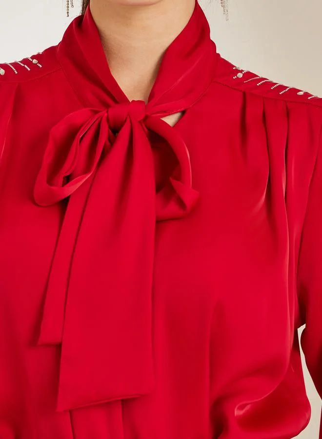 Styli Women Red Tie-Up Neck Buttoned Blouse