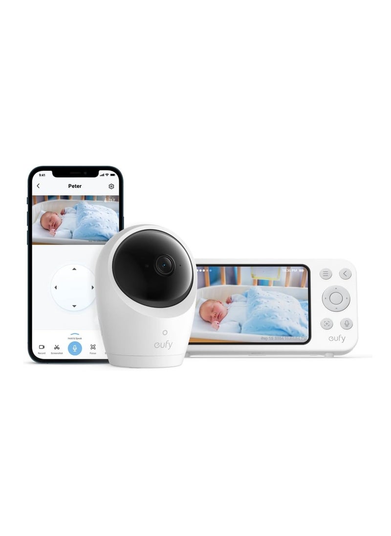 إيوفي جهاز مراقبة الأطفال eufy E20 مع كاميرا 2K، اتصال واي فاي هجين وبدون واي فاي، التحكم في التطبيق والشاشة، رؤية ليلية فائقة الوضوح، تحريك وإمالة، تكبير 4 مرات، كاميرا محمولة مع بطارية مدمجة، ANR، تنبيهات ذكية  - Image 1