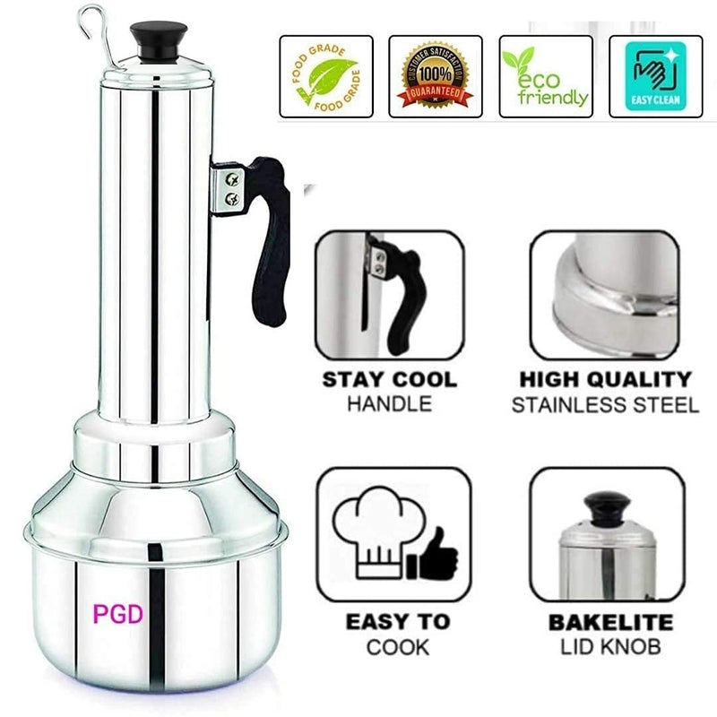 PGD Stainless Steel Premium Puttu Kodam Puttu Maker with Puttu Making vessel kuzha Steamer Plate Metal Stick Black Plastic Handle Silver Lid Bakelite knob Assembly Required - Image 4