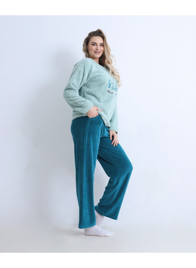 zecotex  Women's Winter Mixed Fabric Pajama Set - "Good Night" Fleece Pullover & Wide Velvet Trousers - Mint Green / Teal - S to L - Image 3