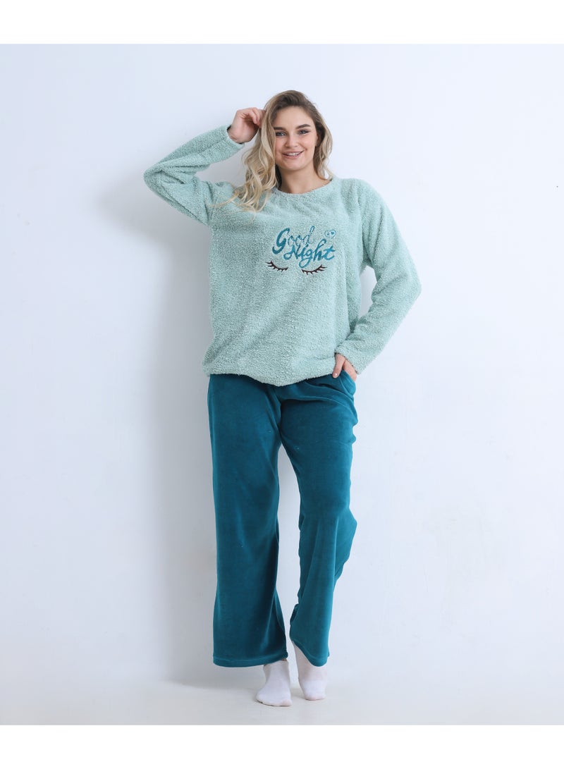 zecotex  Women's Winter Mixed Fabric Pajama Set - "Good Night" Fleece Pullover & Wide Velvet Trousers - Mint Green / Teal - S to L - Image 2