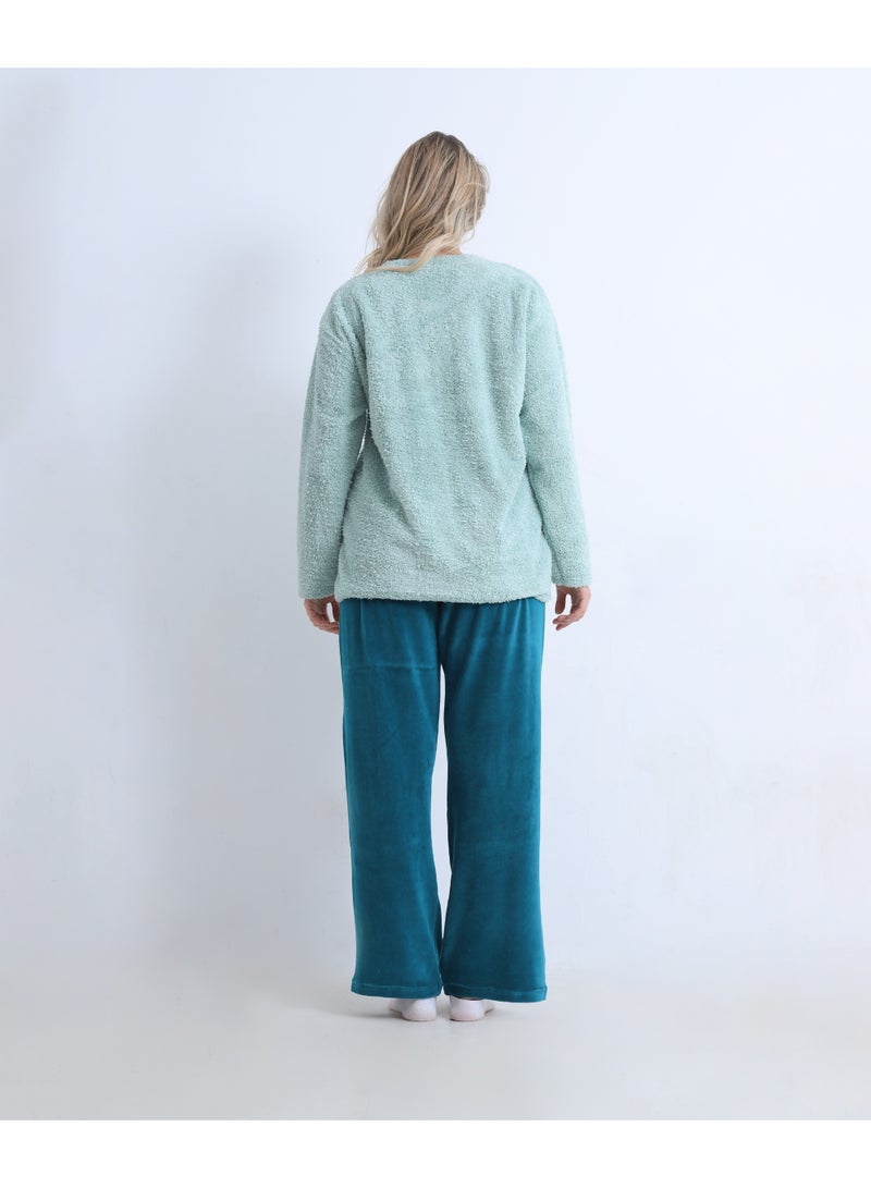 zecotex  Women's Winter Mixed Fabric Pajama Set - "Good Night" Fleece Pullover & Wide Velvet Trousers - Mint Green / Teal - S to L - Image 4