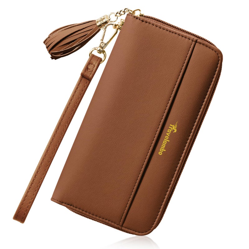 Travelambo Womens Wallet Tassel Bifold Ladies Clutch Wristlet Wrist strap Long Purse (Access Tan) - Image 1