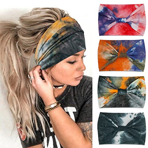 YONUF Wide Boho Headbands for Women Fashion Knotted Headband Yoga Workout Hair Accessories African Head Wrap Orange Tie Dye 4 Pack - Image 1
