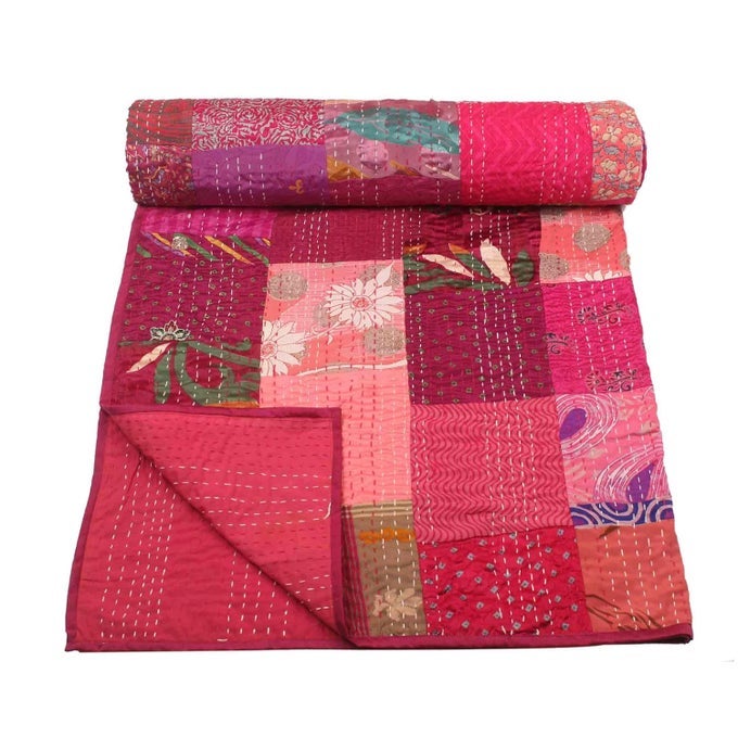 HANDICRAFT SILK KANTHA QUILT KANTHA BED COVER HANDMADE KANTHA BEDSPREAD KANTHA BLANKET THROW07 QUEEN 90X108 INCHES DOUBLE BED