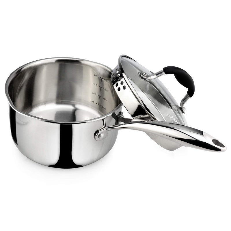 AVACRAFT TriPly Stainless Steel Saucepan with Glass Strainer Lid Two Side Spouts Ergonomic Handle Multipurpose Sauce Pan with Lid Sauce Pot Cooking Pot TriPly Full Body 25 Quart