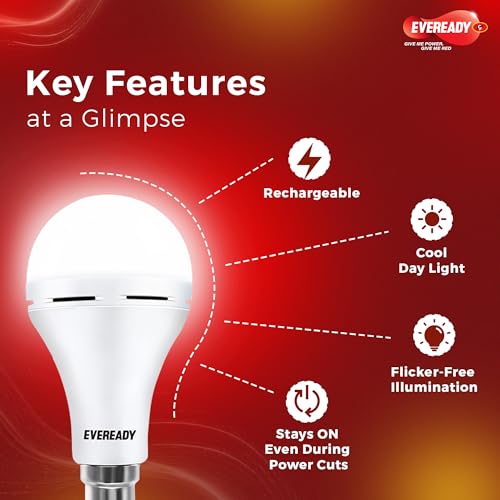 Eveready 12W B22D Emergency Inverter LED Bulb| Cool Day Light (6500K) | Energy Efficient | 4 Hour Battery Backup | Li-on Battery Inside (20) - Image 2
