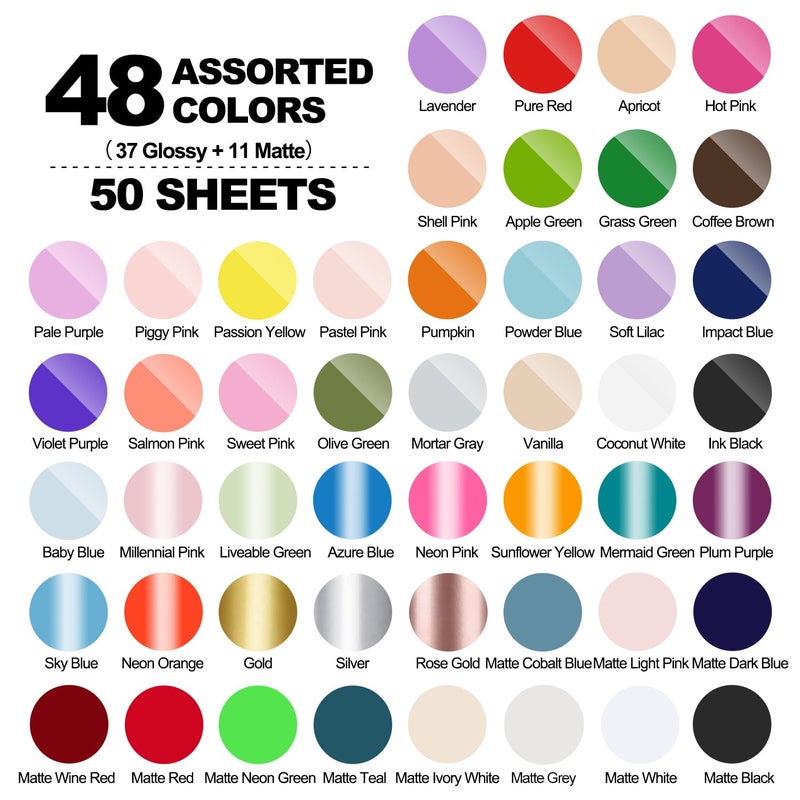 TECKWRAP 50 Pack 12" x 12" Permanent Adhesive Vinyl Sheets 48 Assorted Colors (Glossy & Matte) with 2 Transfer Tape for DIY Crafting, Decor Sticker Compatible with Cutting Machines - Image 3