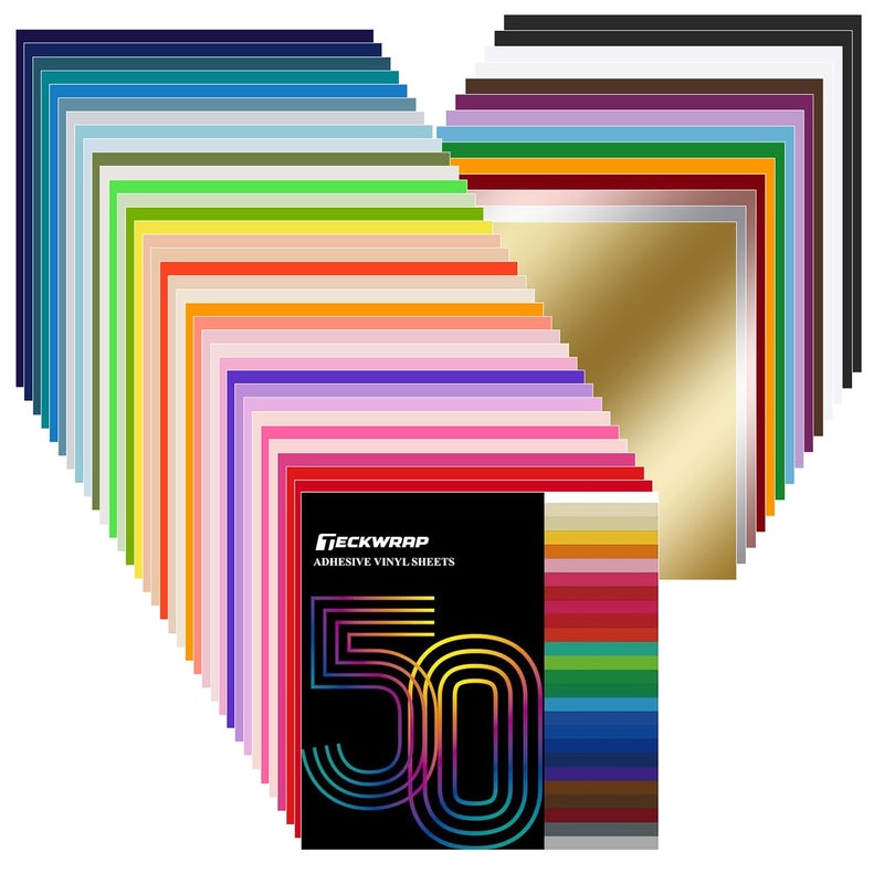 TECKWRAP 50 Pack 12" x 12" Permanent Adhesive Vinyl Sheets 48 Assorted Colors (Glossy & Matte) with 2 Transfer Tape for DIY Crafting, Decor Sticker Compatible with Cutting Machines - Image 1