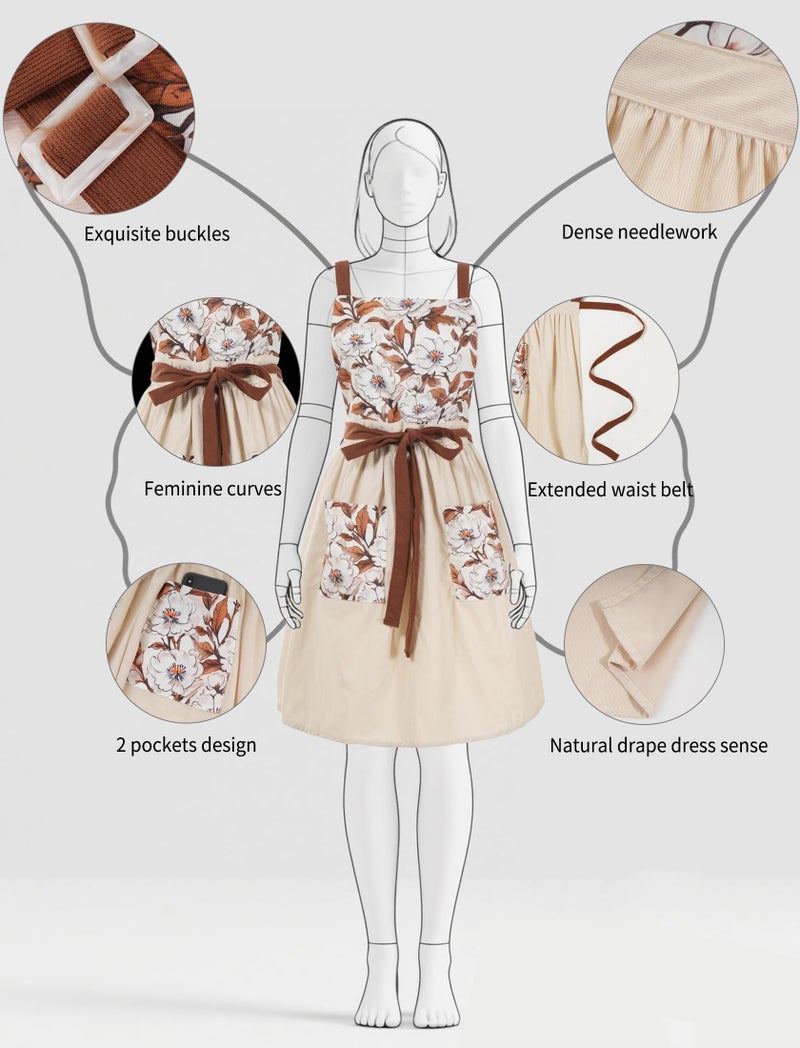 Pinknoke Vintage Pinafore Apron Dress for Women with Pockets Cute Floral Chef Aprons for Kitchen Cooking Baking Gardening (Beige) - Image 4