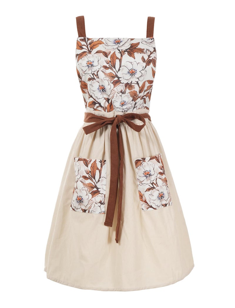 Pinknoke Vintage Pinafore Apron Dress for Women with Pockets Cute Floral Chef Aprons for Kitchen Cooking Baking Gardening (Beige) - Image 1