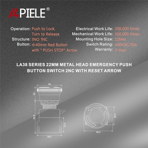 APIELE 22mm 1NO 1NC Red Metal Head Mushroom Emergency Stop Push Button Switch 600V 10 Amp (Type A) - Image 2