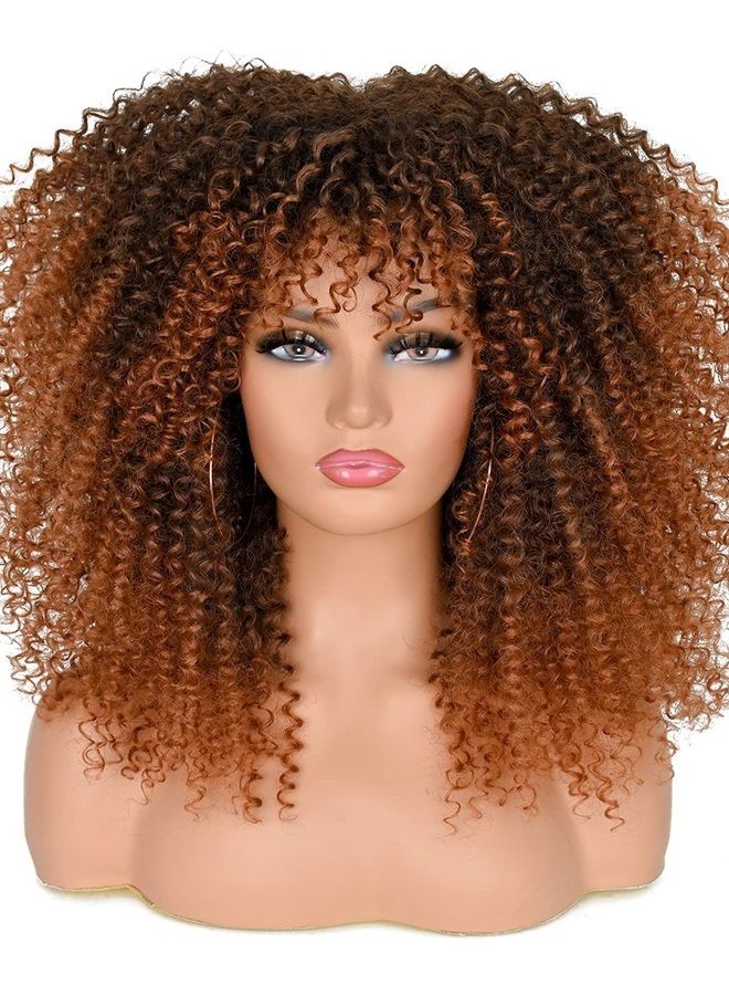 ANNISOUL 16Inch Curly Wigs for Black Women Black to Brown Afro Bomb Curly Wig with Bangs Synthetic Fiber Glueless Long Kinky Curly Hair - Image 1