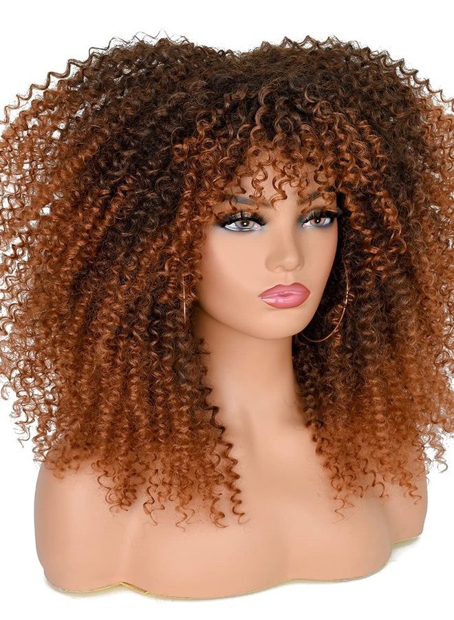 ANNISOUL 16Inch Curly Wigs for Black Women Black to Brown Afro Bomb Curly Wig with Bangs Synthetic Fiber Glueless Long Kinky Curly Hair - Image 2