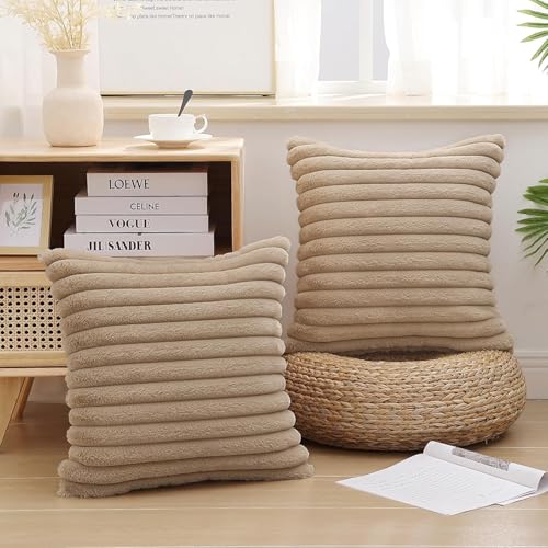 AEROHAVEN™ Premium Faux Rabbit Fur Plush Luxury Soft Fluffy Striped Decorative Throw Pillow/Cushion Covers for Sofa, Couch, Living Room - CC283 - (1, Khaki, 16 x 16 Inch) - Image 2