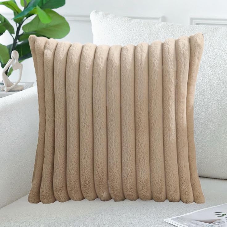 AEROHAVEN™ Premium Faux Rabbit Fur Plush Luxury Soft Fluffy Striped Decorative Throw Pillow/Cushion Covers for Sofa, Couch, Living Room - CC283 - (1, Khaki, 16 x 16 Inch) - Image 1