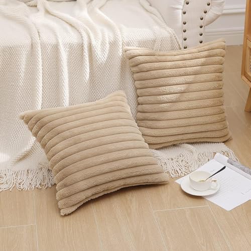 AEROHAVEN™ Premium Faux Rabbit Fur Plush Luxury Soft Fluffy Striped Decorative Throw Pillow/Cushion Covers for Sofa, Couch, Living Room - CC283 - (1, Khaki, 16 x 16 Inch) - Image 5
