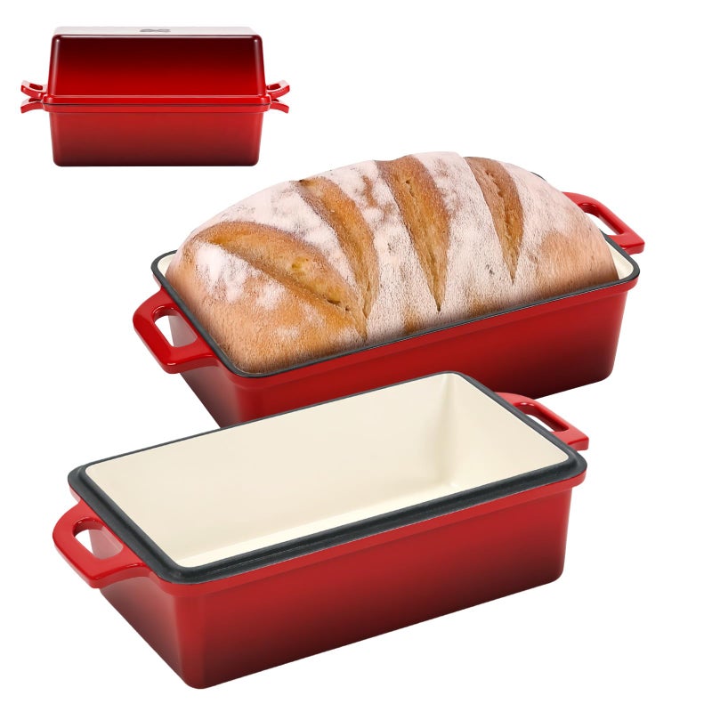 Northriver Casting 9x5 Inch Enameled Cast Iron Bread Loaf Pan with Lid  Perfect Sourdough Baking Pans | Even Heat Distribution for Homemade Bread  Cake  Meatloaf 2 Piece set Red - Image 1