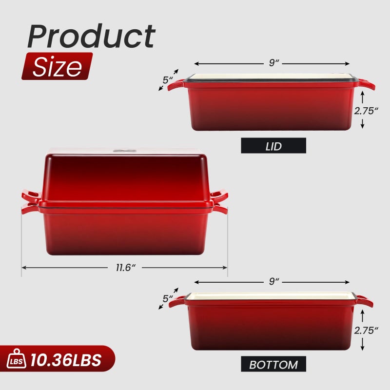 Northriver Casting 9x5 Inch Enameled Cast Iron Bread Loaf Pan with Lid  Perfect Sourdough Baking Pans | Even Heat Distribution for Homemade Bread  Cake  Meatloaf 2 Piece set Red - Image 2