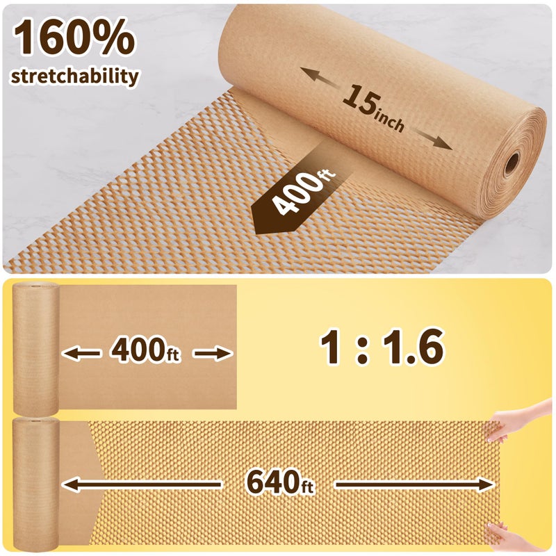 JARLINK Honeycomb Packing Paper, 15 * 400' Packing Wrap for Packing/Shipping/Moving, Recyclable Honeycomb Cushioning Wrap Roll, Moving & Gifts Wrapping Paper With 30 Fragile Sticker Labels - Image 2