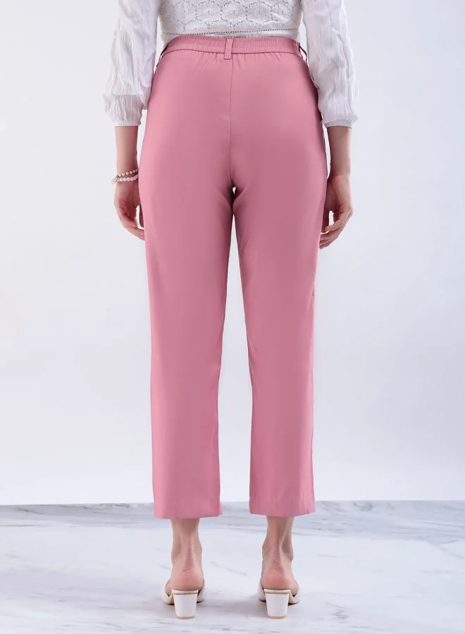 Freehand Women Straight Fit Solid Mid-Rise Front Pleate Tapered Elasticated Trousers