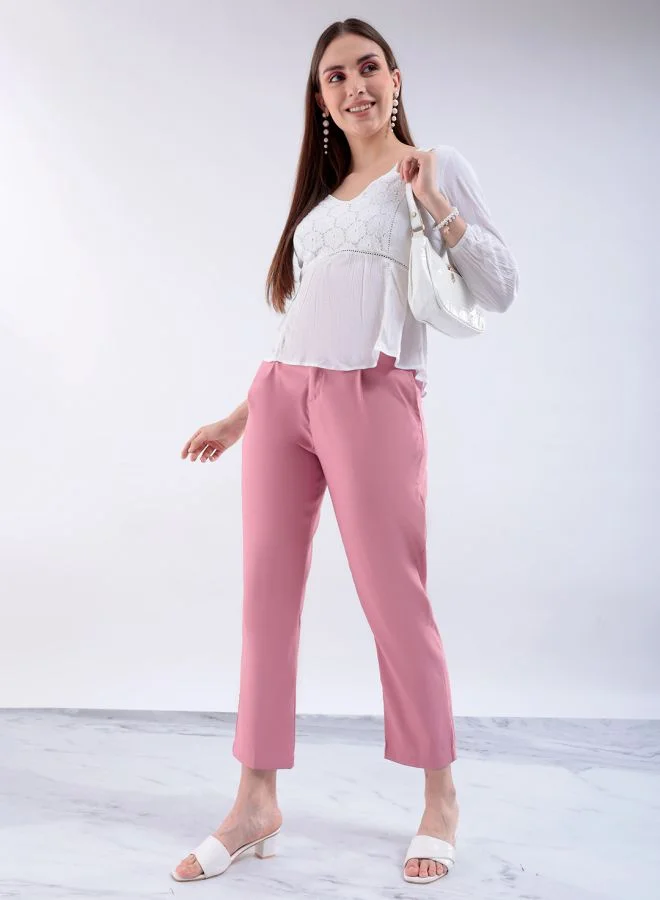 Freehand Women Straight Fit Solid Mid-Rise Front Pleate Tapered Elasticated Trousers