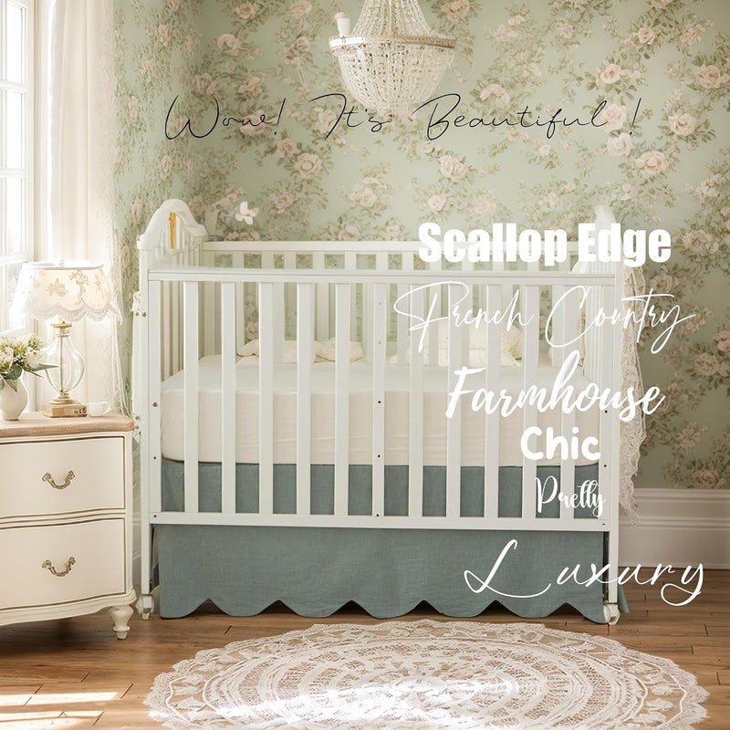 Brandream Scallop Edge Organic Cotton Crib Skirt, Baby Boy, Baby Girl, Gender Neutral Crib Skirt Toddler Bedskirt Farmhouse Chic Nursery Crib Bed Skirt, Boho Bohemian Solid Sage Green Skirt - Image 4
