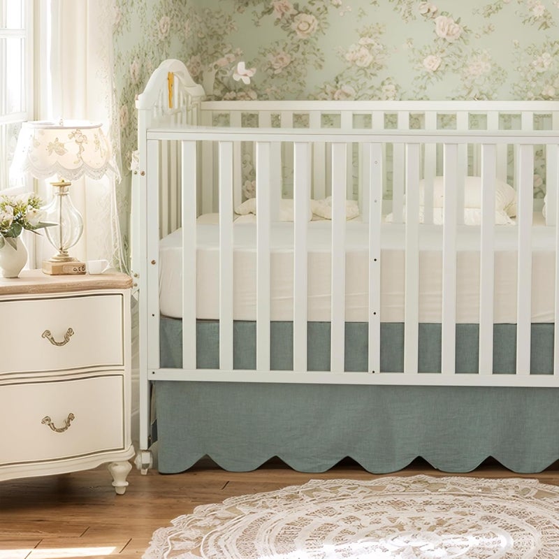 Brandream Scallop Edge Organic Cotton Crib Skirt, Baby Boy, Baby Girl, Gender Neutral Crib Skirt Toddler Bedskirt Farmhouse Chic Nursery Crib Bed Skirt, Boho Bohemian Solid Sage Green Skirt - Image 1