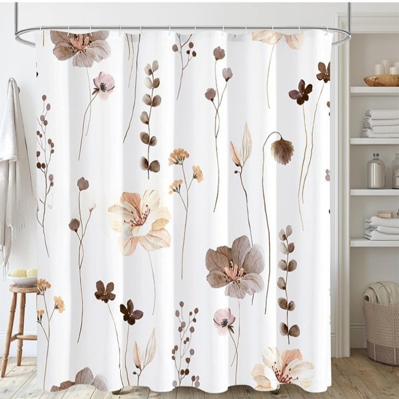 White Printed Shower Curtain Set Waterproof Polyester - Mildew Resistant Bathroom Curtain Minimal Print for Modern Home
