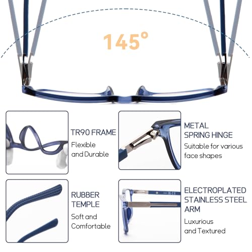 DEHOTRE Progressive Multifocus Reading Glasses Men Flexible TR90 Frame Readers Stainless Steel Arm Rubber Temple Spring Hinge Blue 1.25 - Image 3