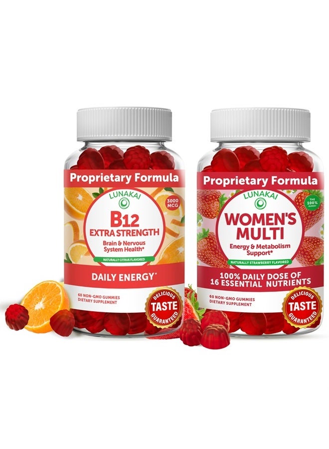 LUNAKAI Vitamin B12 and Women's Multivitamin Gummies Bundle - 3000mcg Methylcobalamin High Absorption Energy Gummy - 100% Daily Value of 16 Essential Vitamins and Minerals Supplement - 30 Days Supply - Image 1