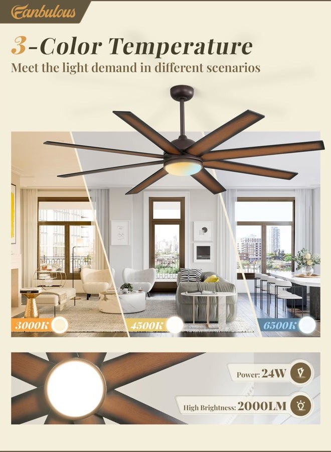 Fanbulous 65 Inch Ceiling Fans with Lights and Remote, Bronze Indoor/Outdoor Ceiling Fan with Quiet Reversible DC Motor, 6 Speeds, 3CCT, 8 Blades Large Ceiling Fan for Living Room Bedroom Patio - Image 3
