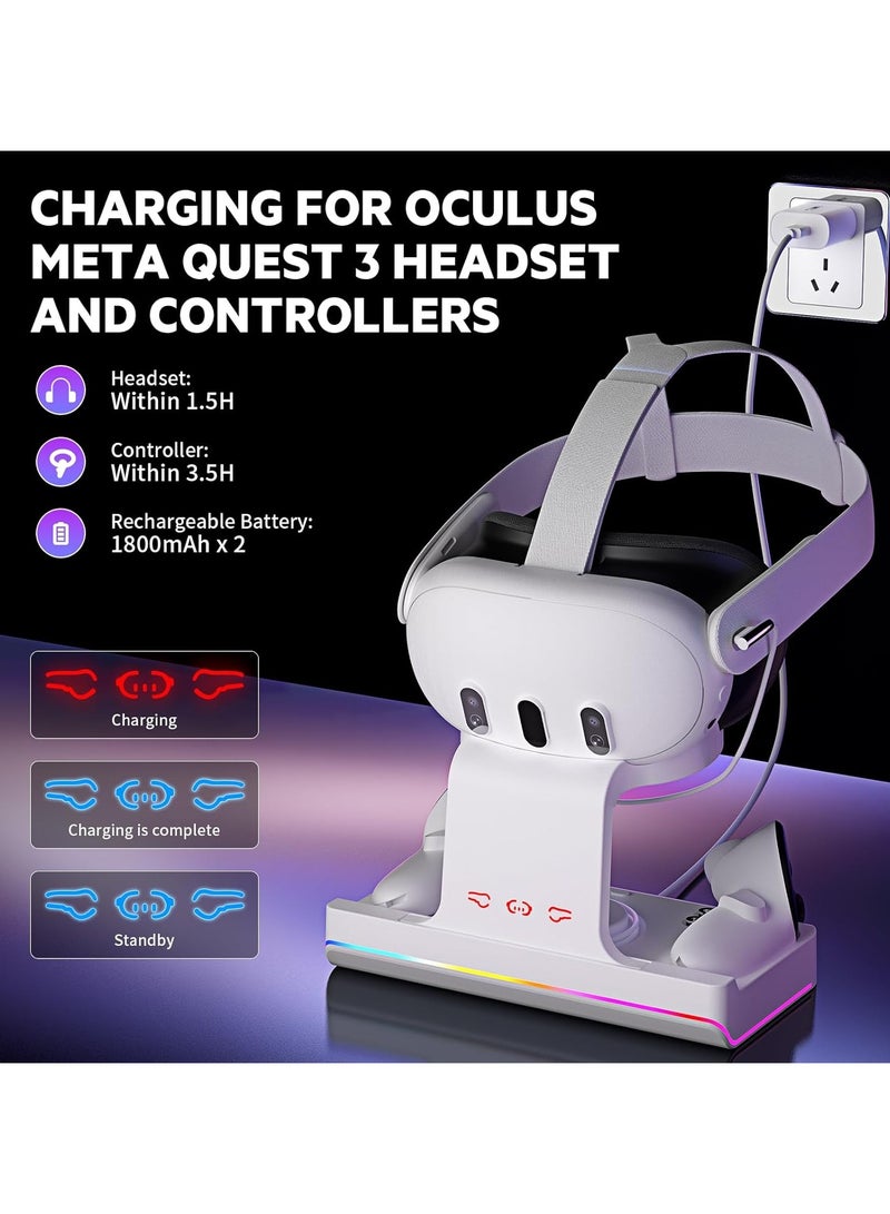 Oculus Meta Quest 3 Charging Dock RGB Light VR Headset Station USB-C Fast Charger Display Stand with Dual 1800mAh Rechargeable Batteries for Headset and Controllers - Image 4