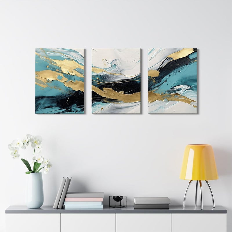 AREBOLO Teal and Gold Abstract Canvas Wall Art Set - Image 4